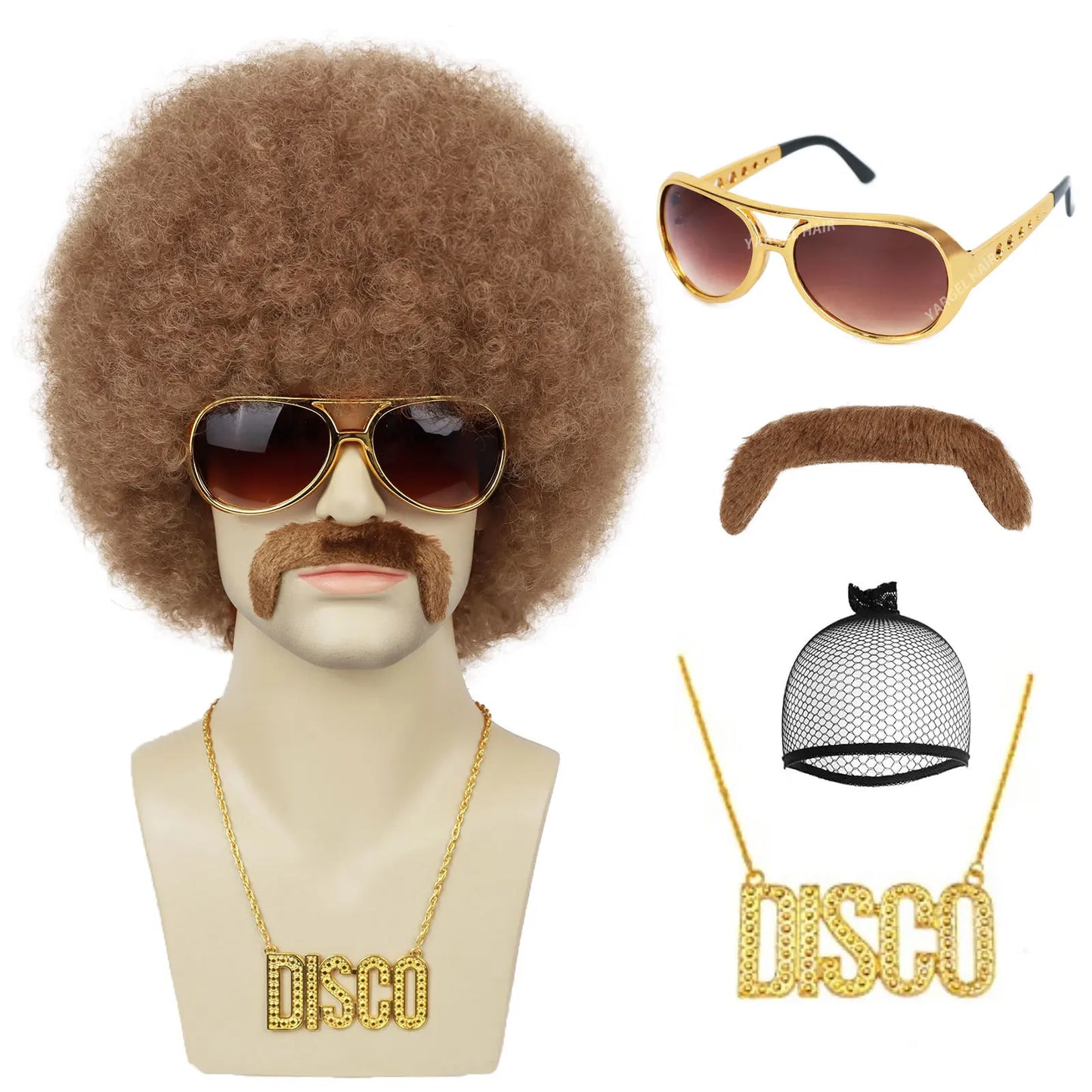 Men’s 70s Disco Wig & Accessories Set – Afro Wig, Mustache, Shades & Disco Chain