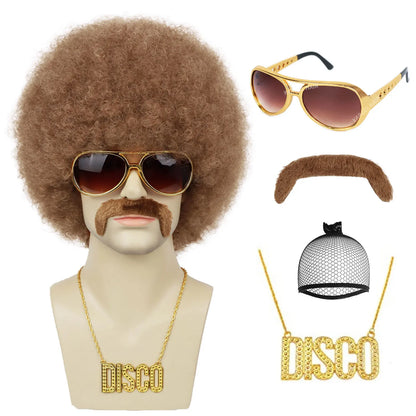 Men’s 70s Disco Wig & Accessories Set – Afro Wig, Mustache, Shades & Disco Chain