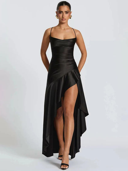 Women’s Satin Spaghetti Strap Maxi Dress – Ruffle Thigh Split, Backless