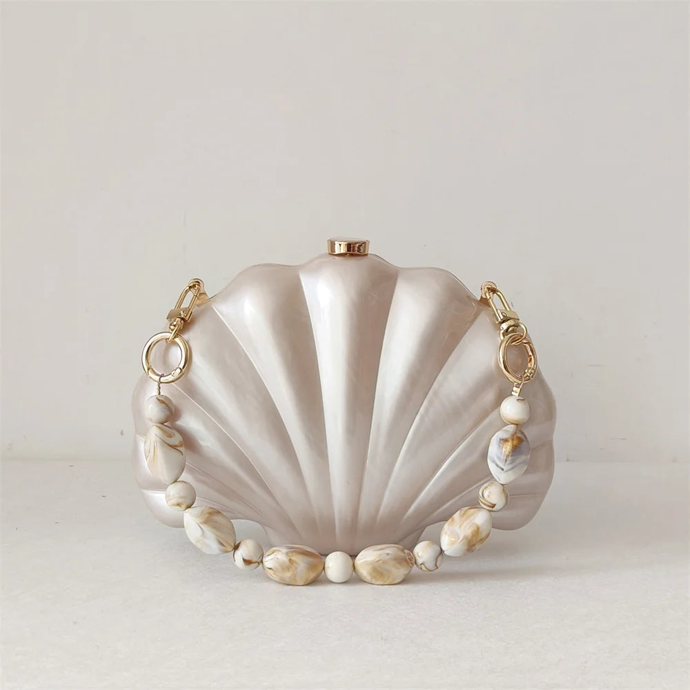 Shell Clutch Evening Bag – Beaded Handle, Formal Elegance