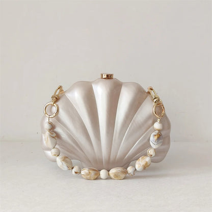 Shell Clutch Evening Bag – Beaded Handle, Formal Elegance