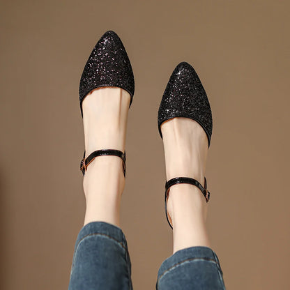 Women's Glitter Closed-Toe Kitten Heels with Ankle Strap