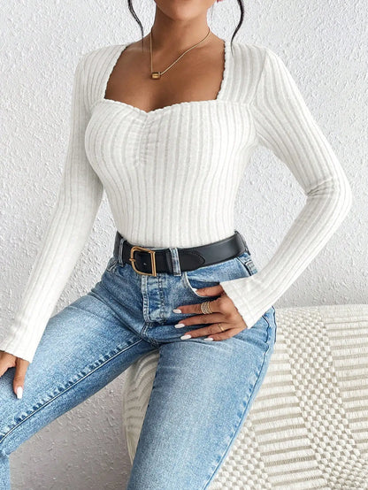 Sweetheart Ribbed Knit Top – Long-Sleeve Fitted Pullover in Black