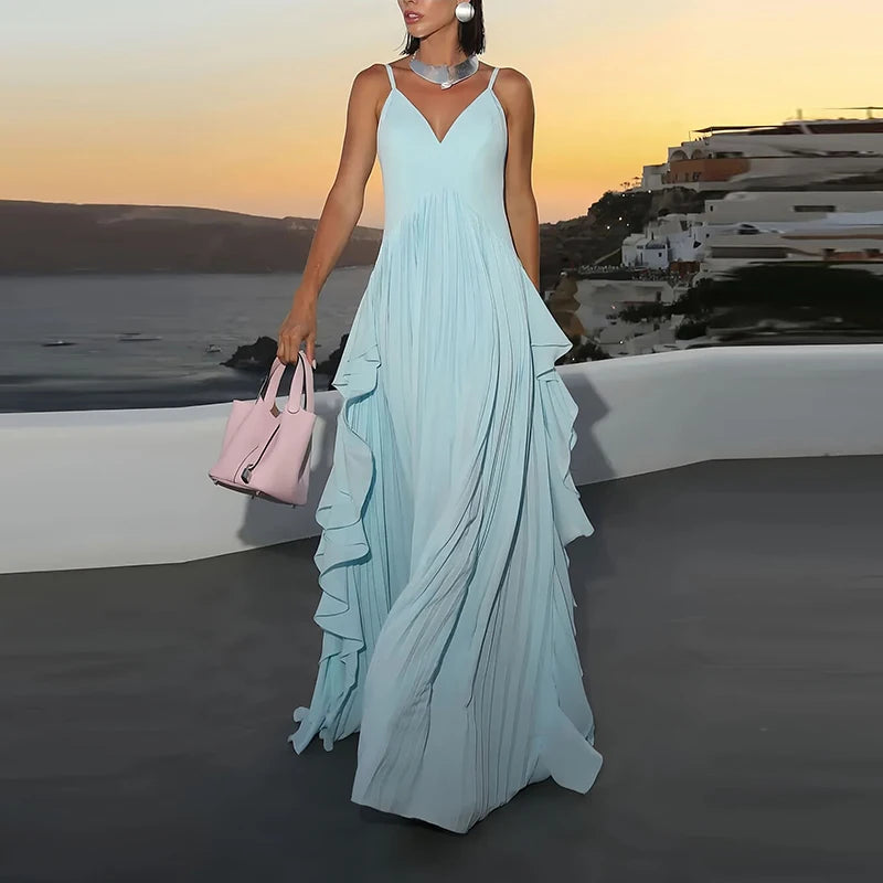 Sky Blue Ruffle Halter Evening Dress