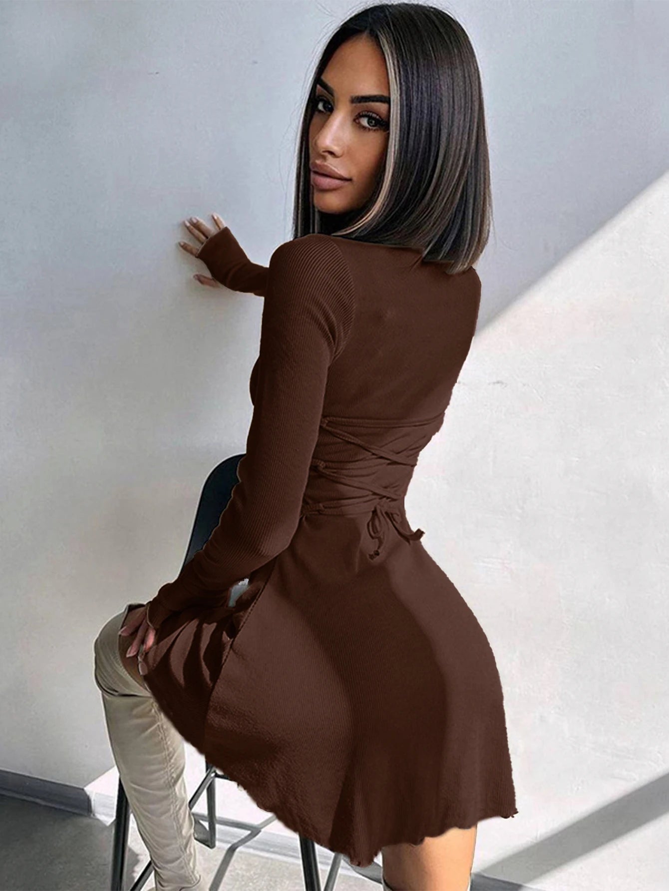 Women’s Lace-Up Back Mini Dress – Long Sleeve, Ribbed Knit, Flared Hem