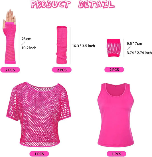 Women’s 80s Neon Mesh Top and Gloves Set – Retro Party Costume – Neon Pink Set – XL