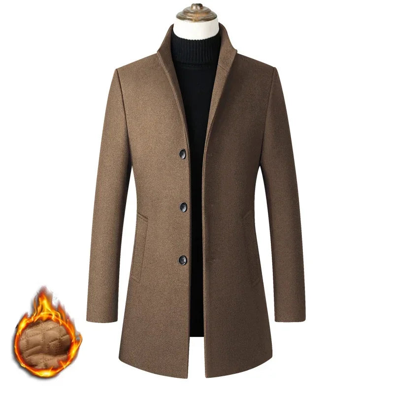 Men’s Wool-Blend Winter Overcoat – Stand Collar, Slim Long Coat
