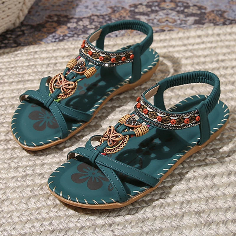Women’s Boho Beaded Strap Sandals – Casual Summer Walking Shoes