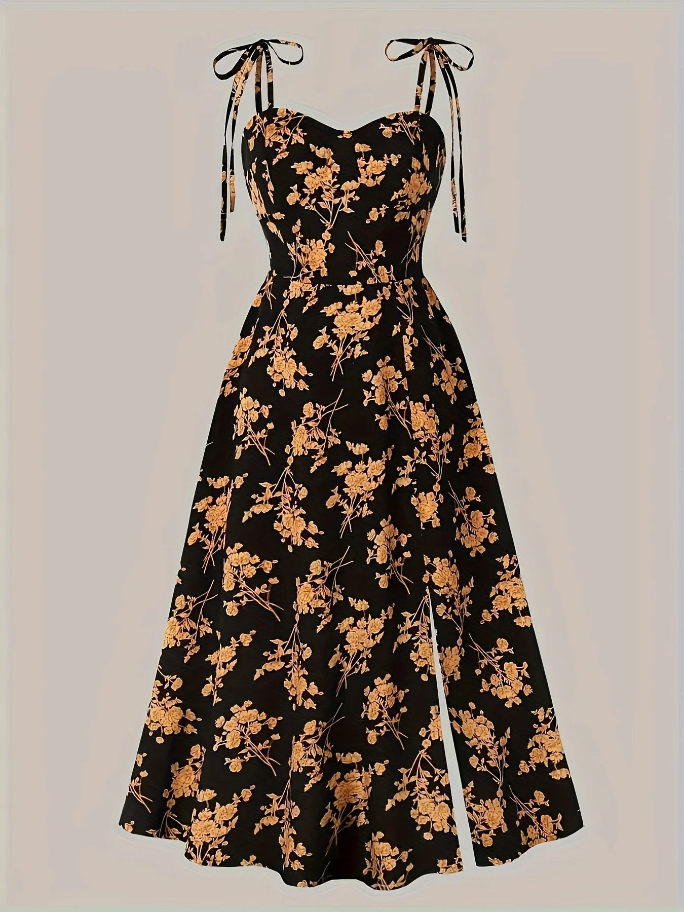 Floral dress with gold flowers on a black background