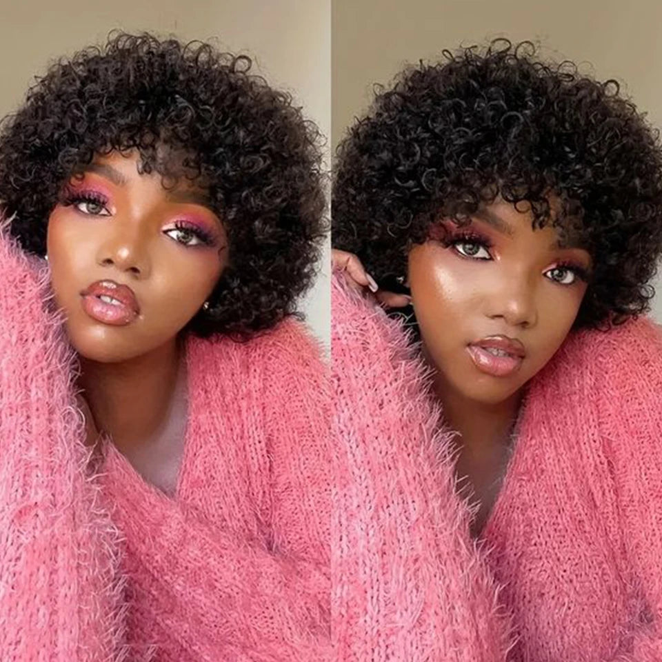 Short Curly Human Hair Wig with Bangs – Natural Brown Pixie Style
