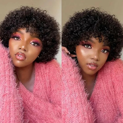 Short Curly Human Hair Wig with Bangs – Natural Brown Pixie Style