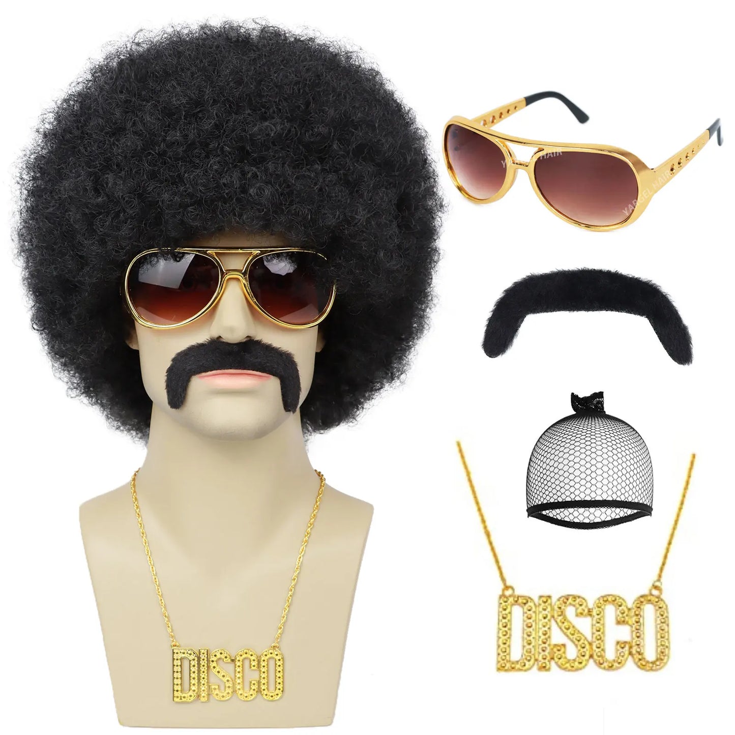 Men’s 70s Disco Wig & Accessories Set – Afro Wig, Mustache, Shades & Disco Chain – Dark-brown