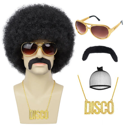 Men’s 70s Disco Wig & Accessories Set – Afro Wig, Mustache, Shades & Disco Chain – Dark-brown
