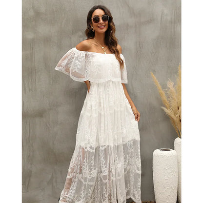 Women’s Embroidered Lace Maxi Dress – Elegant White Boho Beach Style