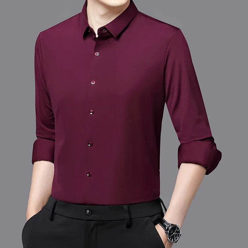Men’s Ultra-Stretch Long-Sleeve Shirt – Silky Feel, Smart Casual Fit