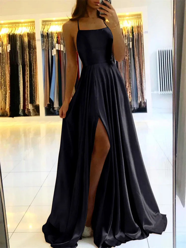 Women’s & Teens Satin Maxi Dress – Adjustable Straps & Side Slit