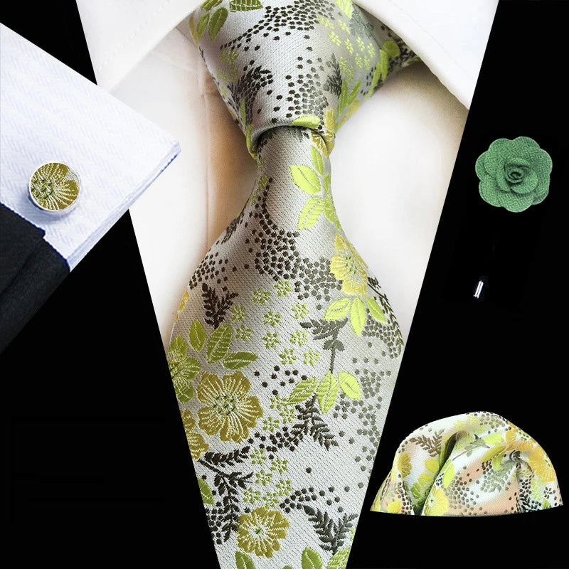 Men’s Floral Necktie Set – Tie, Pocket Square & Cufflinks