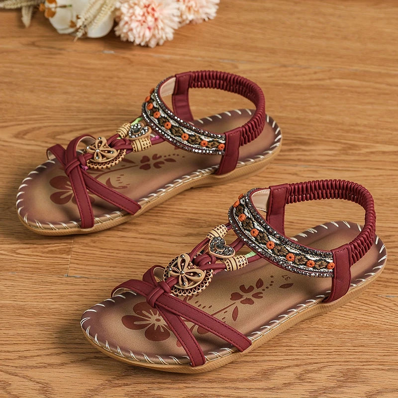 Women’s Boho Beaded Strap Sandals – Casual Summer Walking Shoes