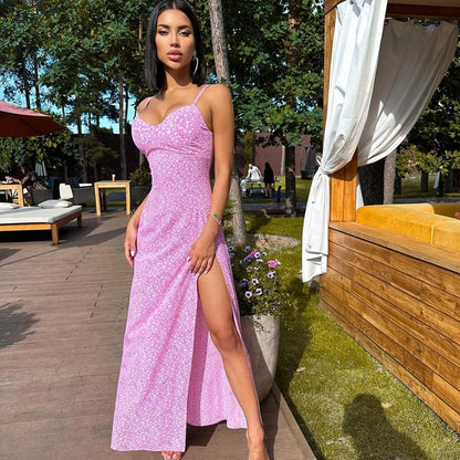 Sunlit Petal Split Maxi Dress – Women’s Floral Spaghetti Strap Summer Dress
