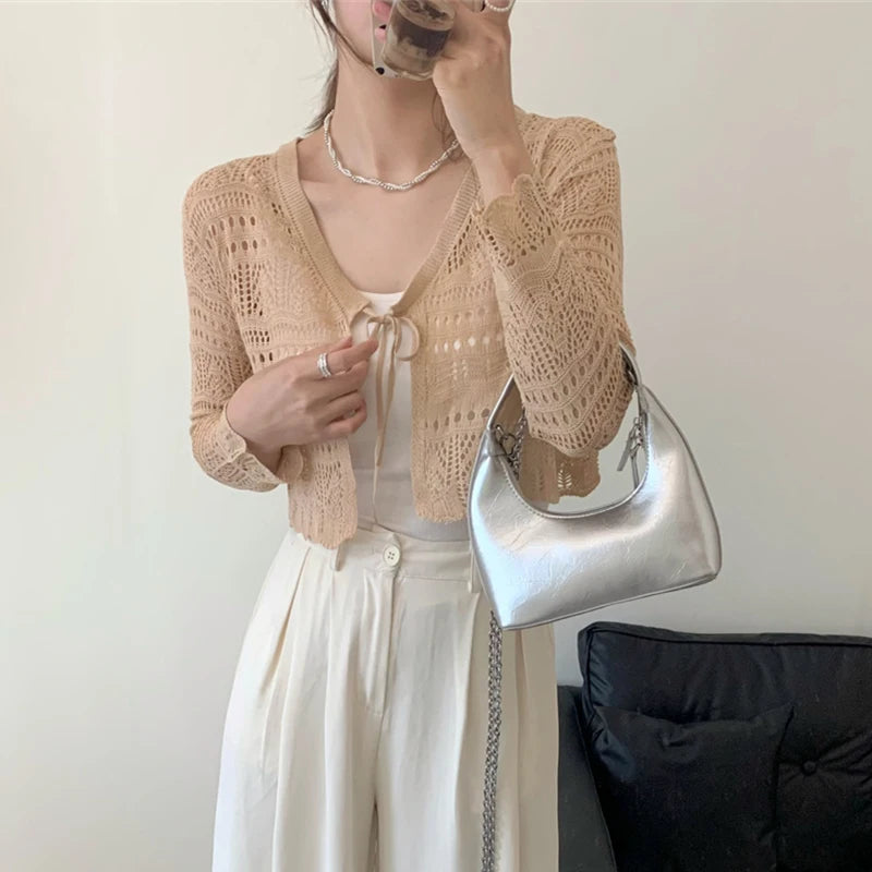 Women’s & Teens’ Crochet Tie-Front Shrug – Cropped Long Sleeve