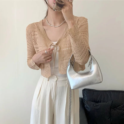 Women’s & Teens’ Crochet Tie-Front Shrug – Cropped Long Sleeve