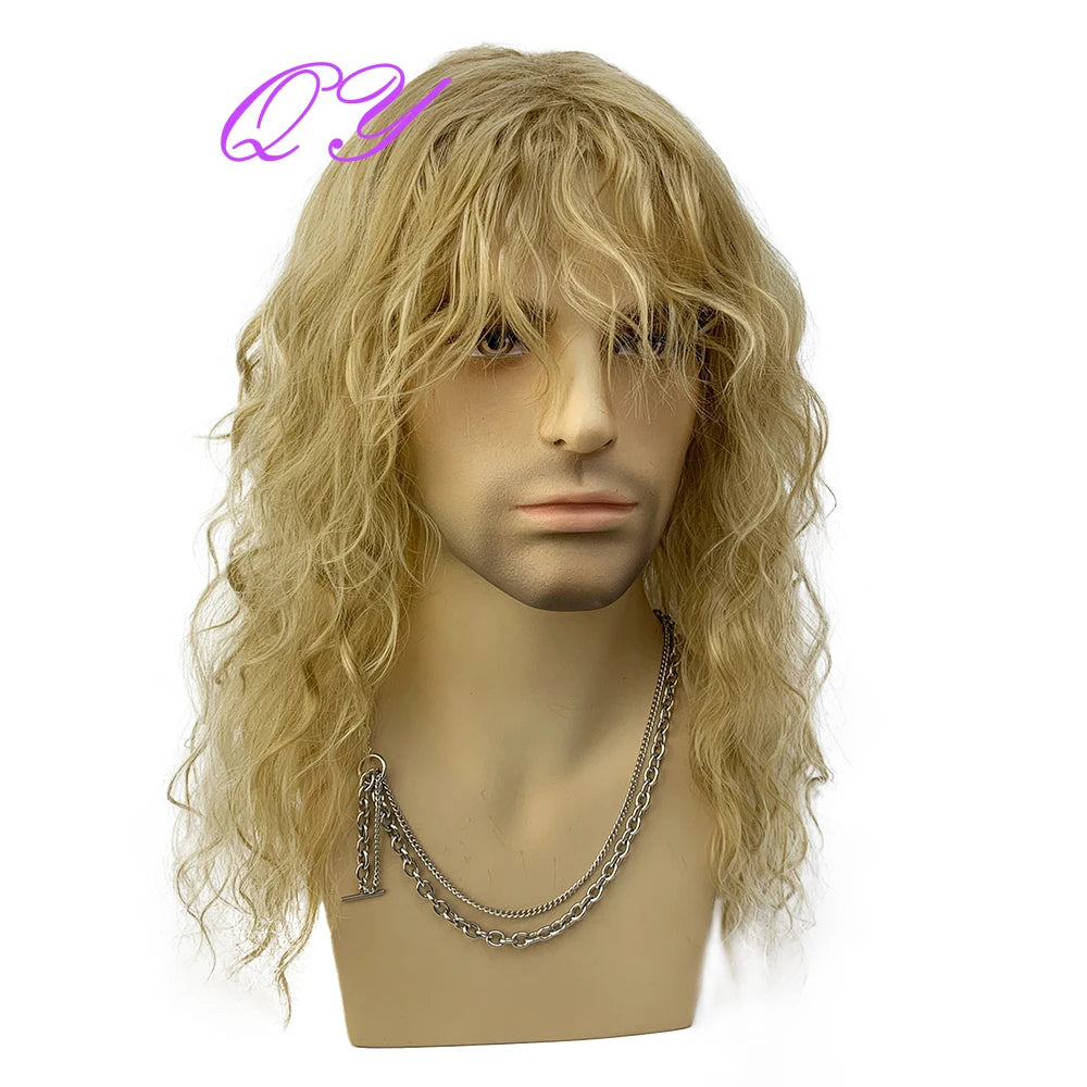 Synthetic Men Wig Natural Curly Dark Brown Color Male Wig With Bangs Water Wave Daily or Cosplay Adjustable Man Hair Wig