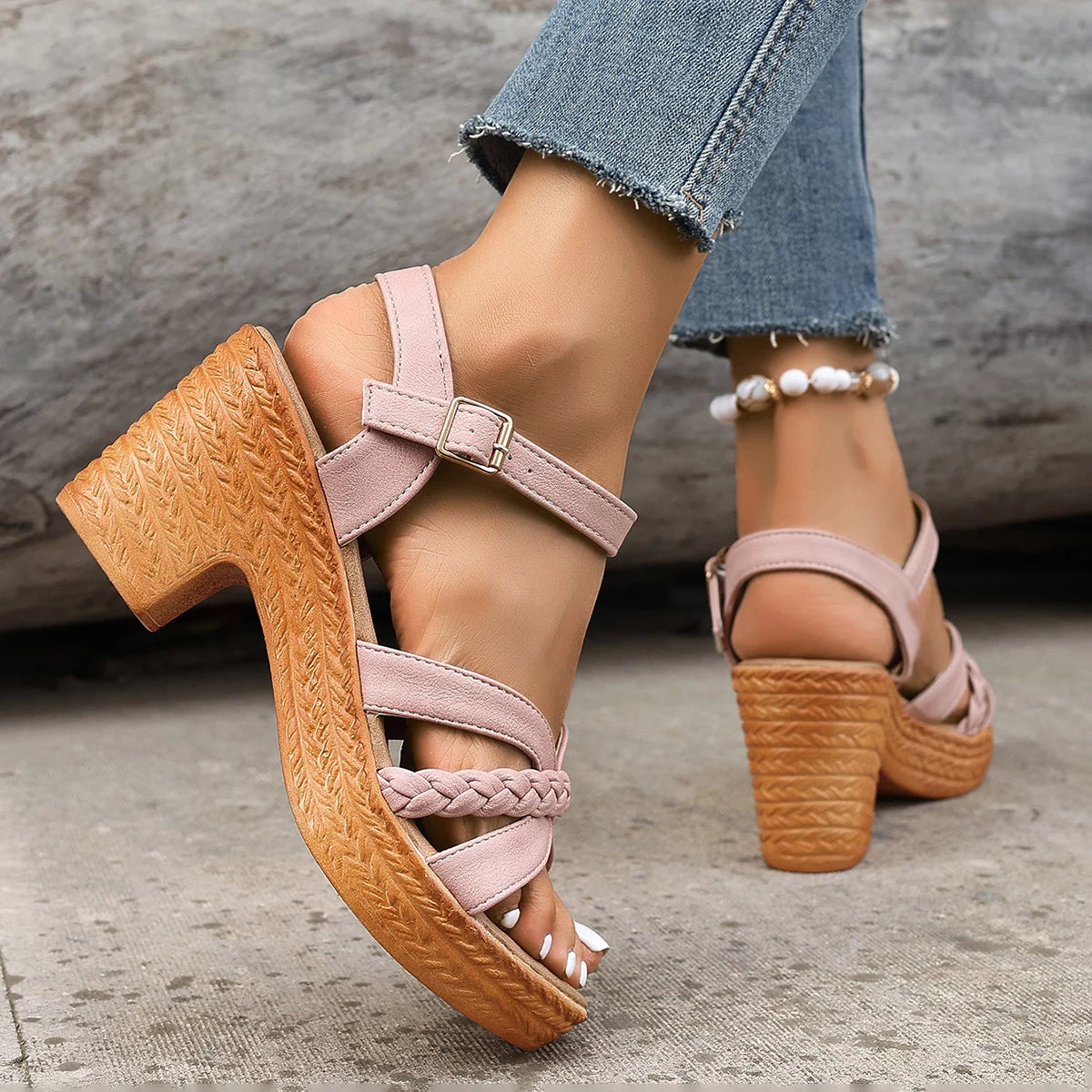 Platform Heeled Sandals – Buckle Strap, Open Toe