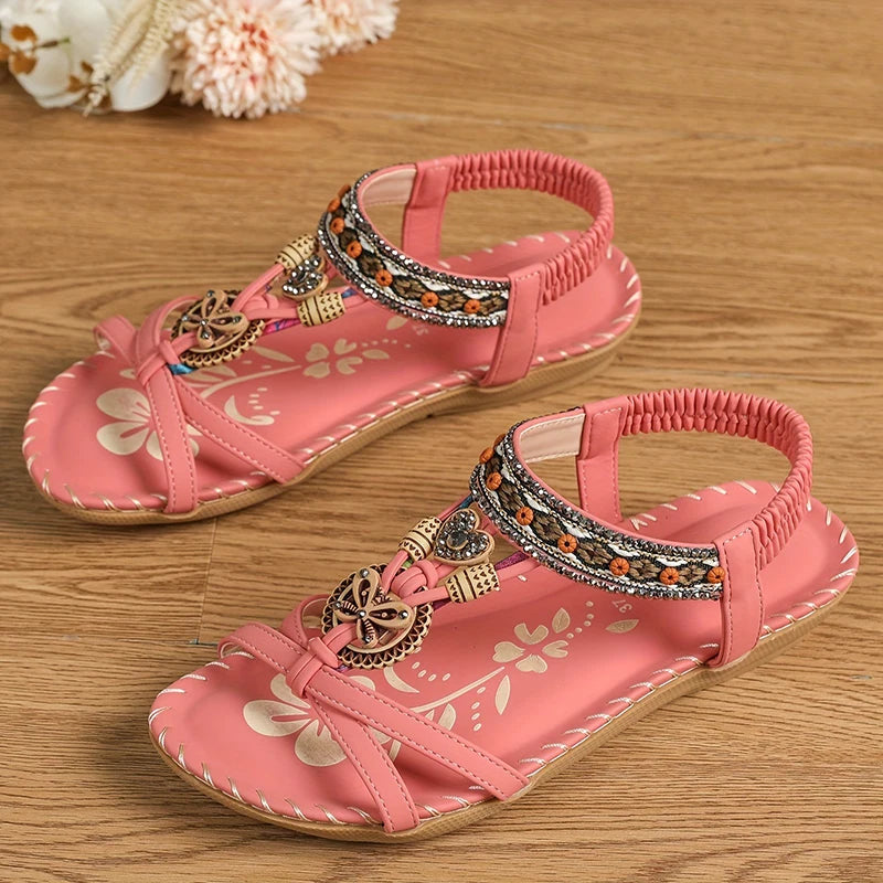 Women’s Boho Beaded Strap Sandals – Casual Summer Walking Shoes