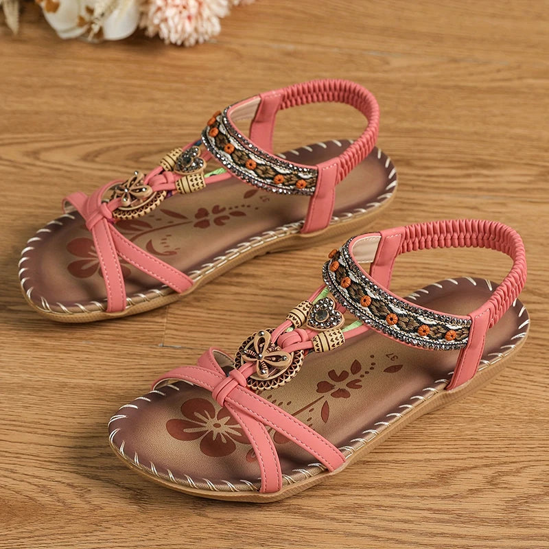 Women’s Boho Beaded Strap Sandals – Casual Summer Walking Shoes