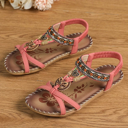 Women’s Boho Beaded Strap Sandals – Casual Summer Walking Shoes