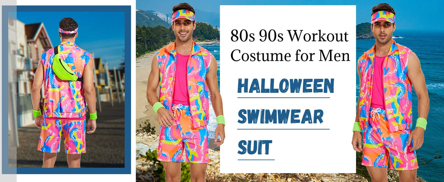 Men’s 80s Cruise Outfit Set – Neon Print Shirt & Shorts