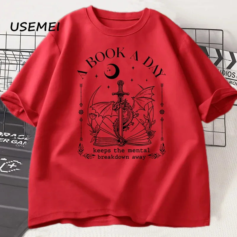 Unisex Graphic Cotton Tee – “A Book a Day” Fantasy Reader Shirt - The Dock Drop