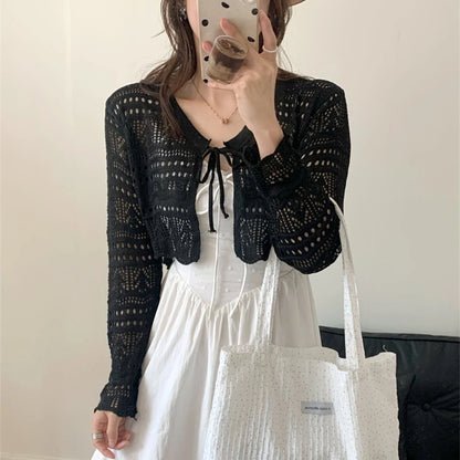 Women’s & Teens’ Crochet Tie-Front Shrug – Cropped Long Sleeve