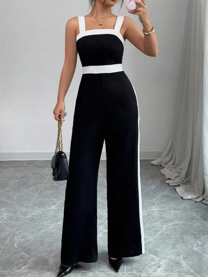 Women’s Contrast-Trim Jumpsuit – Square Neck, Wide Leg