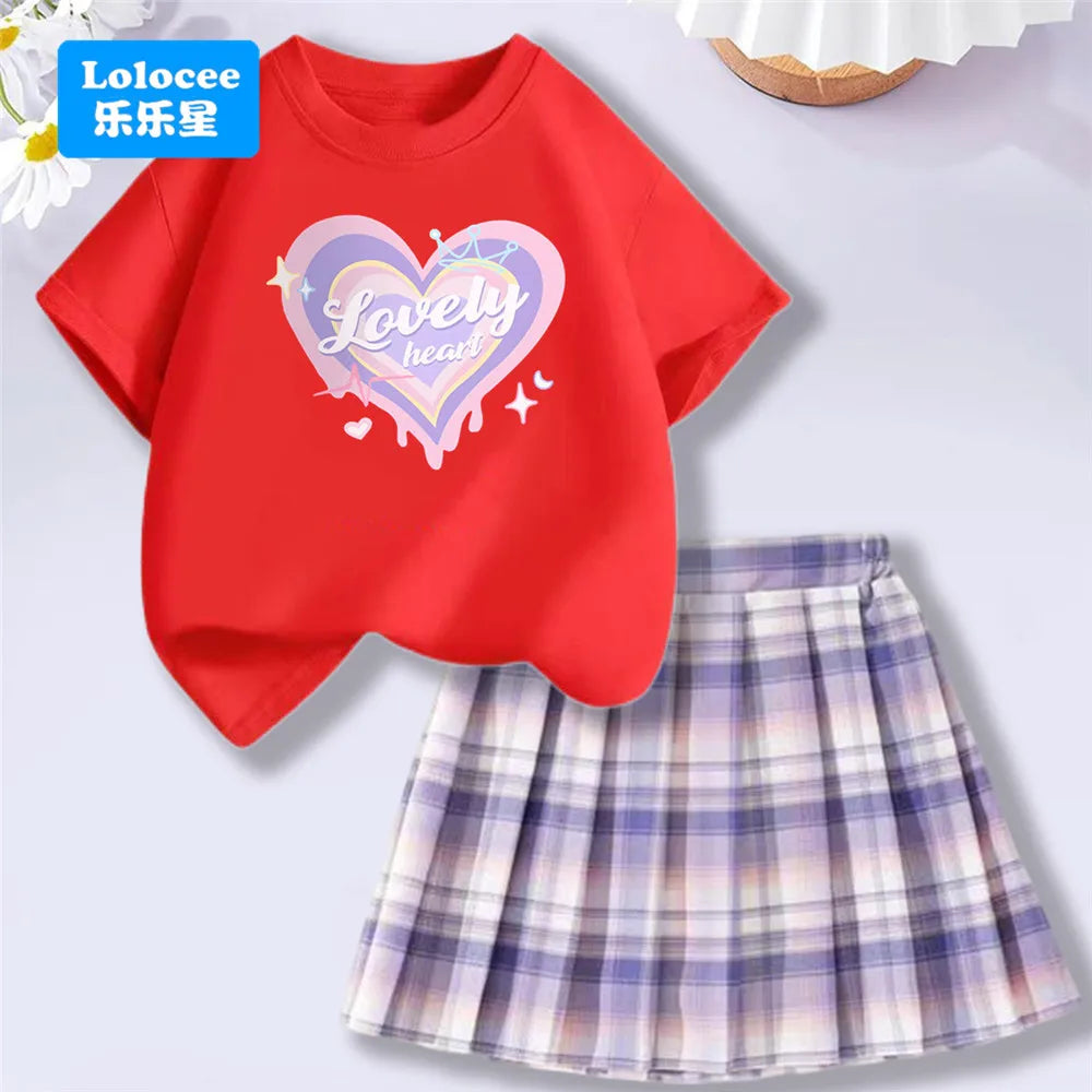 Girls’ T-Shirt & Plaid Skirt Set – 2 Piece Outfit