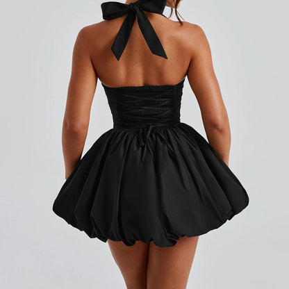 Women’s Halter Mini Dress – Sleeveless, Bubble Skirt, Tie-Back
