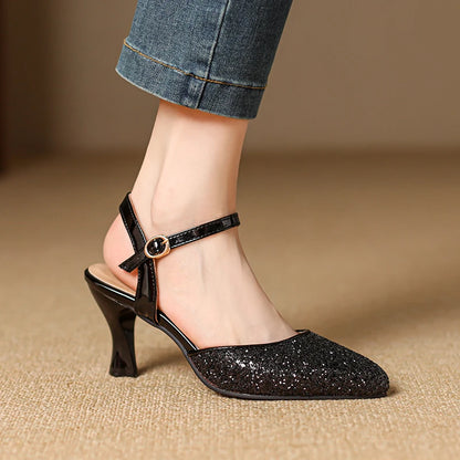 Women's Glitter Closed-Toe Kitten Heels with Ankle Strap
