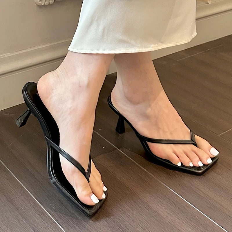 Women’s Strappy Heeled Flip Flop Sandals – Square Toe Slip-On Heels