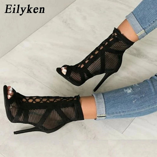 Women’s Mesh Lace-Up Heels – Peep Toe, High Heel