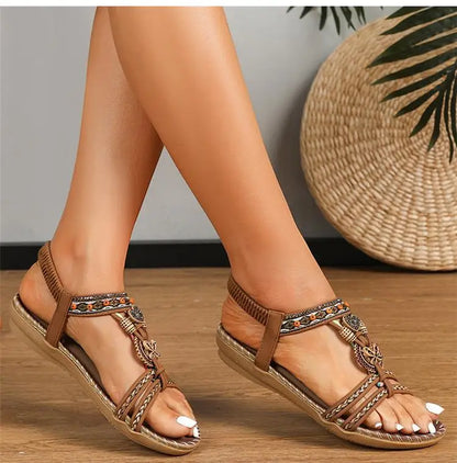 Women’s Boho Beaded Strap Sandals – Casual Summer Walking Shoes