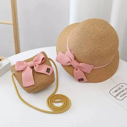 Kids Straw Hat & Bag Set – Summer Bow Sun Hat with Matching Crossbody Purse