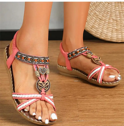 Women’s Boho Beaded Strap Sandals – Casual Summer Walking Shoes