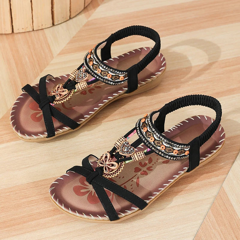 Women’s Boho Beaded Strap Sandals – Casual Summer Walking Shoes