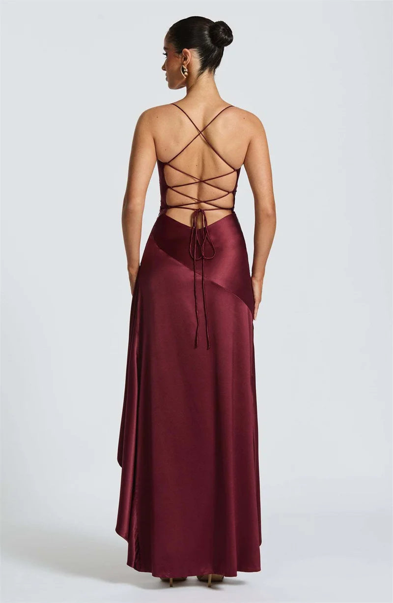 Women’s Satin Spaghetti Strap Maxi Dress – Ruffle Thigh Split, Backless