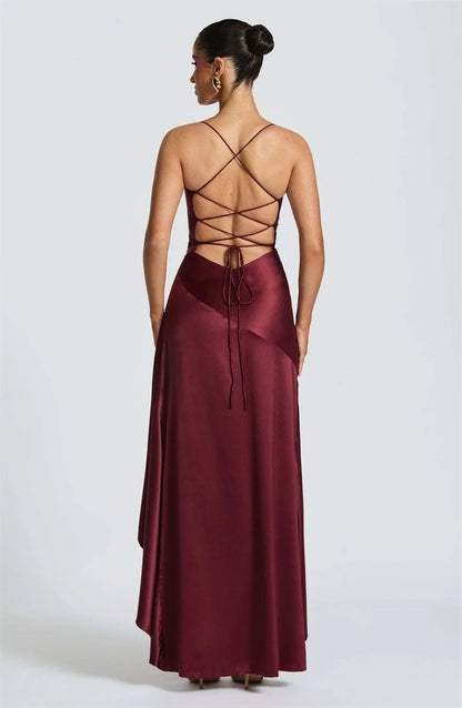 Women’s Satin Spaghetti Strap Maxi Dress – Ruffle Thigh Split, Backless
