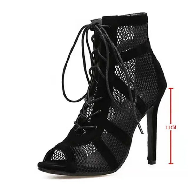 Women’s Mesh Lace-Up Heels – Peep Toe, High Heel