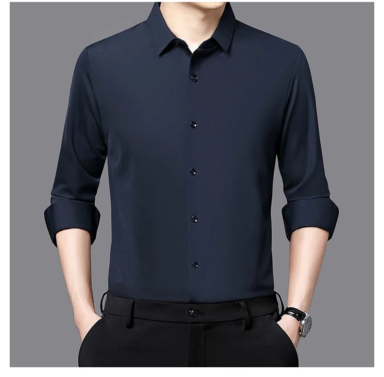 Men’s Ultra-Stretch Long-Sleeve Shirt – Silky Feel, Smart Casual Fit
