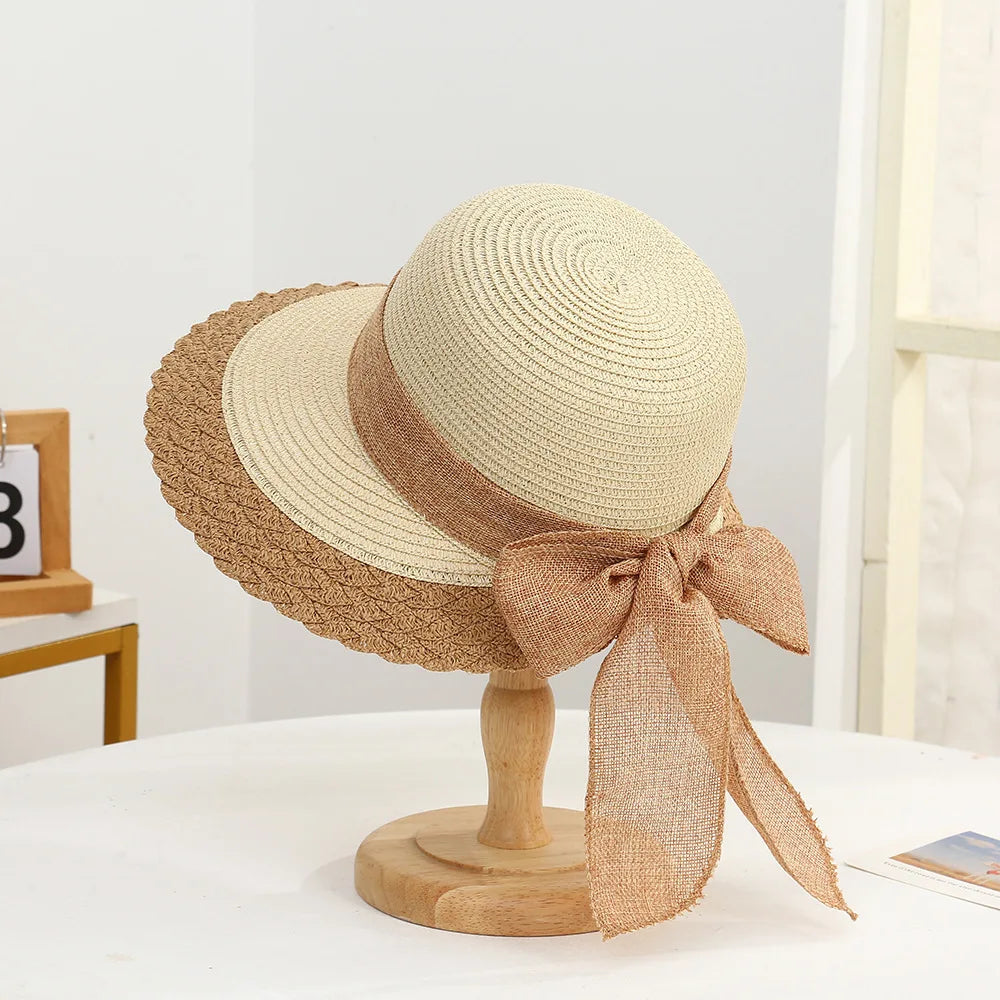 Women’s Wide Brim Straw Sun Hat – Bow Accent, UV Protection