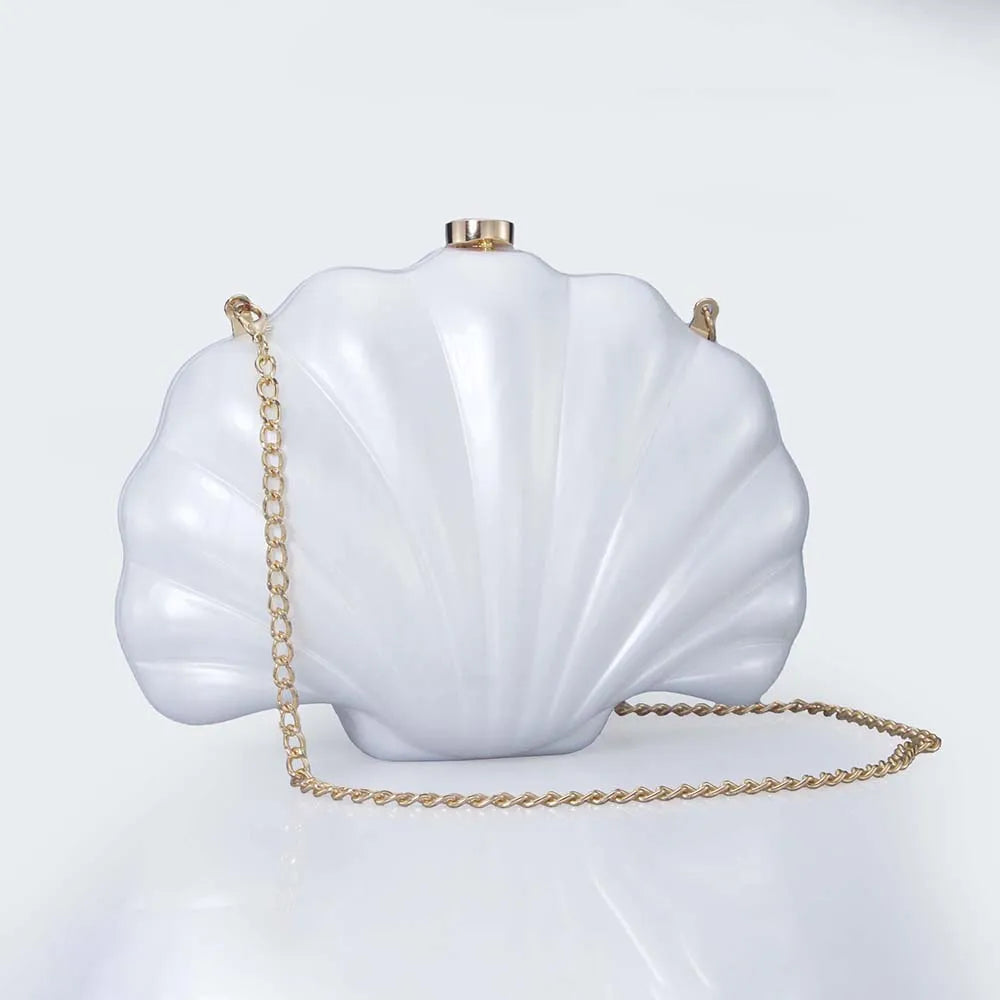 Shell Clutch Evening Bag – Beaded Handle, Formal Elegance