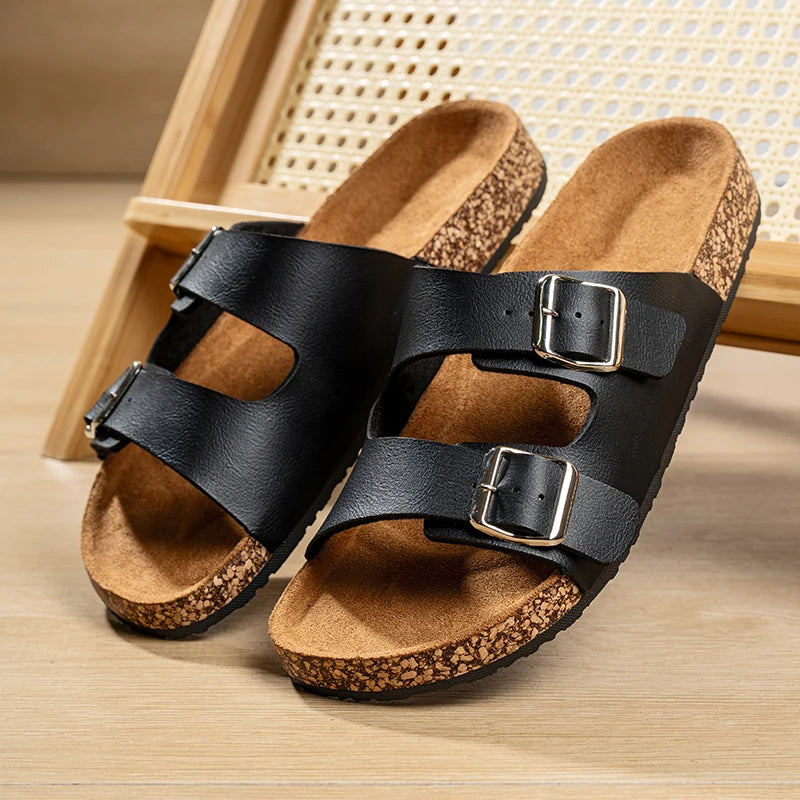 Men’s Double – Buckle Cork Slides – Comfortable Summer Sandals – Brown – 46
